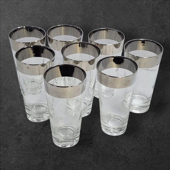 Set of 8 Dorothy Thorpe Silver Band Highball Glasses Vintage MCM Barware - Picture 2 of 8